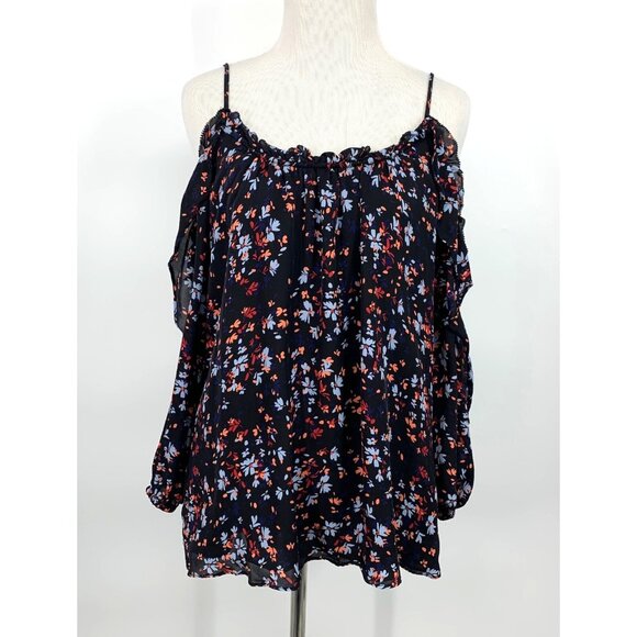 Parker Top Black 100% Silk Floral Cold Shoulder Long Sleeve - Picture 2 of 11